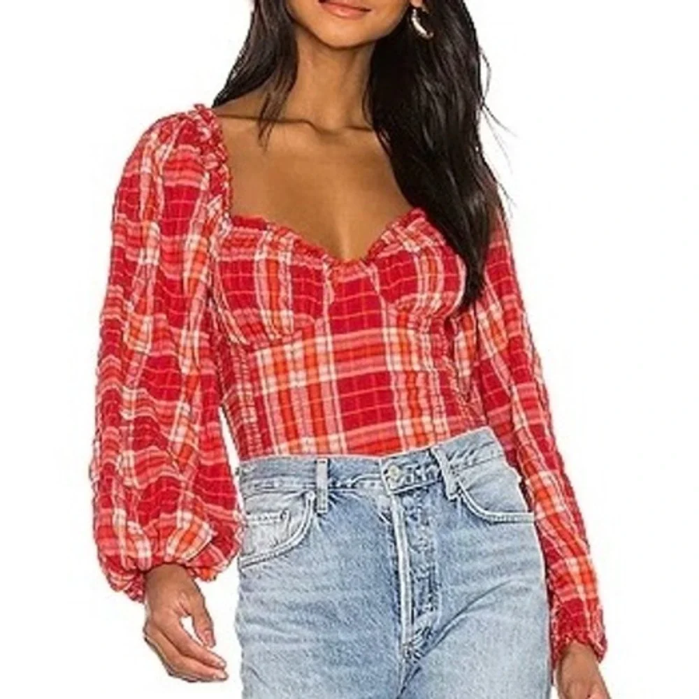 Free People Cherry Bomb Madrass Revolve Smocked Waist Puffed Sleeve Boho Cottage - Picture 7 of 7